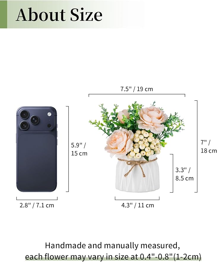 BLOSMON Table Decor Artificial Flowers Vase 7 Inch Small Fake Champagne Flower Arrangement 2pcs Floral Arrangement for Tables centerpieces Kitchen Dining Room Decorations Flower in Vase Silk Roses