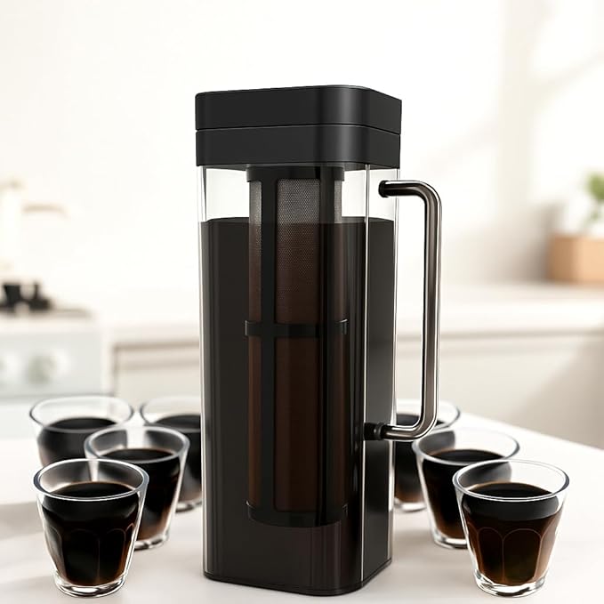 SlimFit 64oz Cold Brew Coffee Maker, Leakproof and fits for fridge door, RV Essentials - BPA-Free Plastic with filter, Large 2L capacity, Iced Tea, Fruit Infused Pitcher, RV Accessory