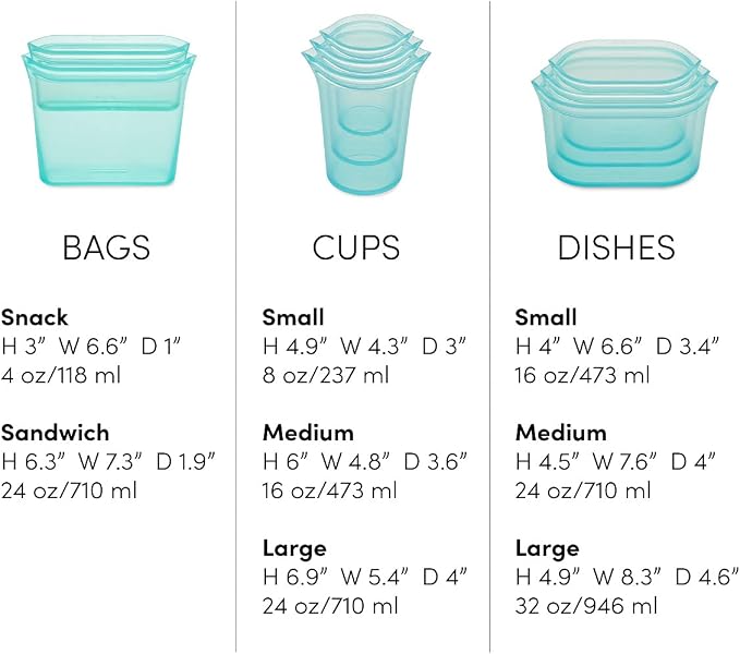 Zip Top Reusable Food Storage Containers Full Set of 8 Gray – Platinum Silicone Cups, Dishes & Bags – Microwave, Dishwasher & Freezer Safe – Made in USA, BPA-Free