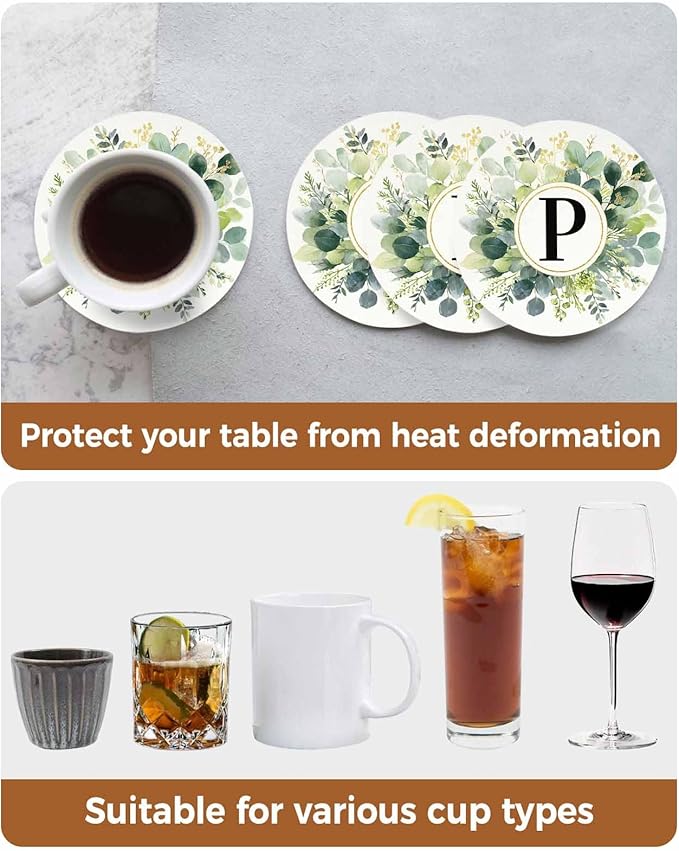 Coasters Set of 6 Letter P Drink Coasters with Holder Absorbent Stone Ceramic Cup Mat Alphabet Green Eucalyptus Leaves Coaster for Drinks Coffee Bar Office Kitchen Cafe Home Decor
