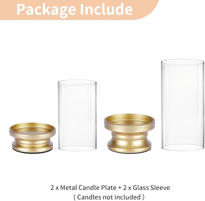 NUPTIO Hurricane Candle Holder Gold: Pillar Candle Holders with Clear Glass Sleeve - Set of 2 Decorative Brass Metal Pillars Stand for Dining Table Centerpiece Shelf Fireplace Mantel Decor