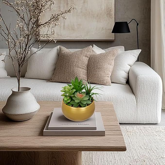 Briful Fake Succulents in Gold Metal Pot, Artificial Succulent Plants Arrangement for Home Decor, Small Faux Potted Plants Tabletop Centerpiece, Desk Office Bathroom Shelf Decorations