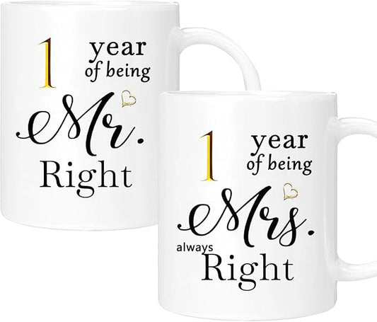 1st Anniversary Coffee Mugs Set of 2, First 1th One Year Anniversary Engagement Gifts for Boyfriend, Girlfriend, Wife Husband Parents Couple, 11oz
