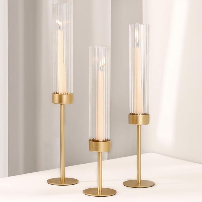 Glass Hurricane Candle Holders Set of 3-Gold Metal Base Taper Candle Stick Holders for CandlesticksHolder Decor, Elegant Dining Table Centerpiece for Wedding, Christmas & Home Decor-Ribbed Glass