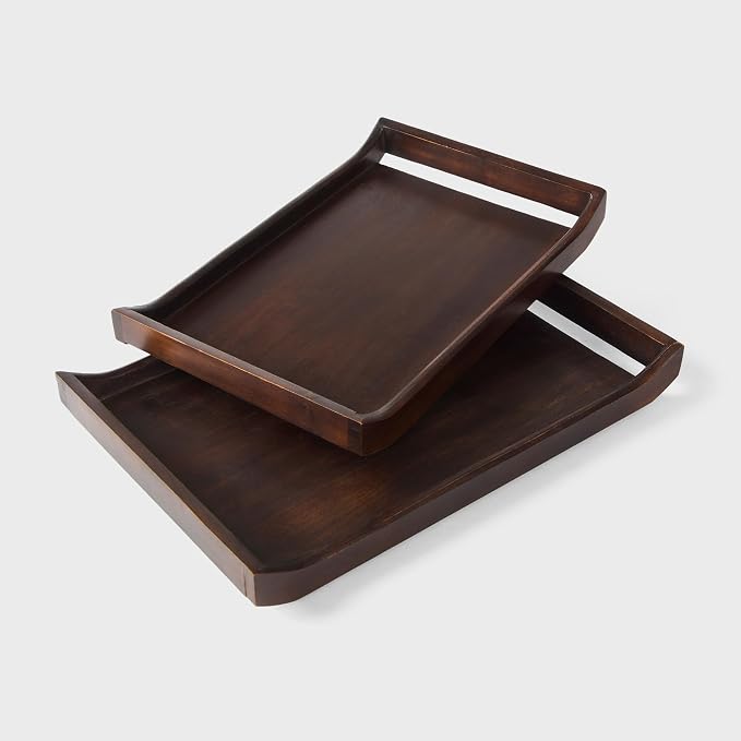 Mela Artisans 15 x 10 x 1.75 in & 13.5 x 9 x 1.75 in Acacia Wood Serving Tray Set – Urban Walnut Rectangular Wooden Trays for Breakfast in Bed, Coffee Table Decor & Home Display