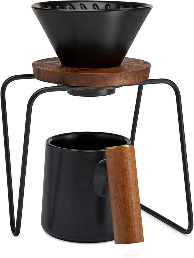 ChefWave Artisan Series Pour-Over Coffee Maker Set with Ceramic Cone, Wood Ring and Stainless Steel Stand, 1-2 Cup Personal Size - Bamboo Accents, Easy to Clean, BPA Free
