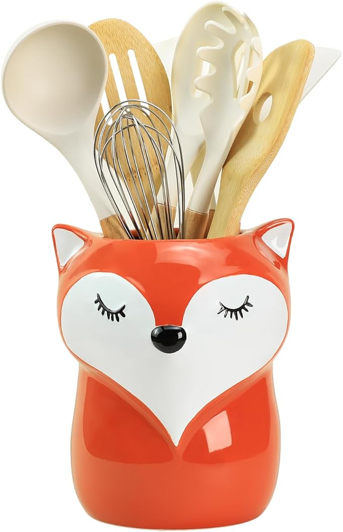 Ceramic Fox Cartoon Animal Pattern Kitchen Utensil Holder, Large Cooking Utensil Crocks for Kitchen Countertop, Cartoon Style Utensil Organizer
