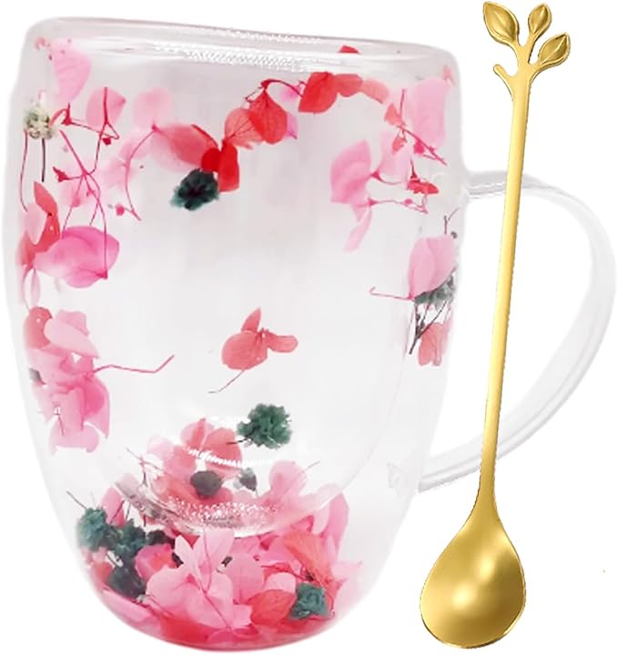 Dried Flowers Double Wall Glass, 350ml Coffee Mugs Cute Glass Tea Cups with Handles,Aesthetic Dried Flowers Cups with Handles,Insulated Coffee Cup Unique Gifts for Women