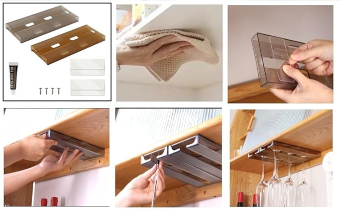 Wine Glass Holder Under Shelf Cabinet Wine Glass Rack Plastic Stemware Rack Glassware Drying Storage Hanger for Kitchen,Bar and Restaurant (2Pack-Brown)