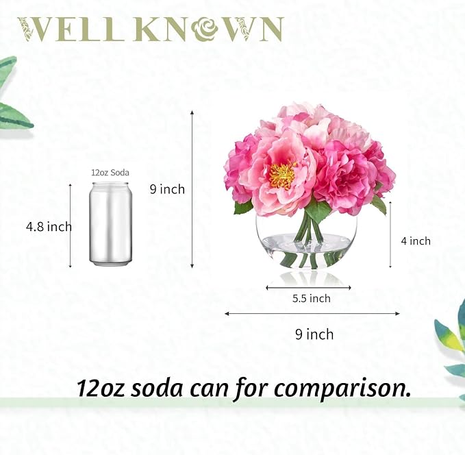 WELL KNOWN Artificial Flowers in Vase, Silk Peonies Bouquet with Faux Water, Fake Peony Pink Flower Arrangement for Home Wedding Birthday Party Dining Table Centerpiece Spring Decor & Mom's Gift