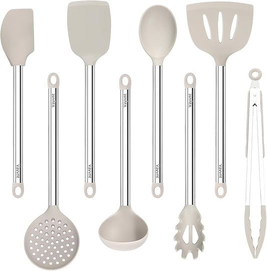 Vayvnt Kitchen Utensil Set, Silicone Utensils Dishwasher Safe, 8PCS, Khaki | Cooking Utensils Set for Non-Stick Cookware, NonToxic, Plastic-Free, Heat Resistant Up to 480℉, Cooking Spoons Spatula Tongs