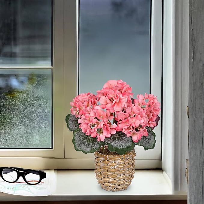 Briful Artificial Pink Geranium Flowers in Woven Basket, 11’’ Tall Silk Flower Arrangement, Realistic Geraniums Artificial Outdoor Plants for Home Indoor Farmhouse Table Wedding Centerpiece Decor