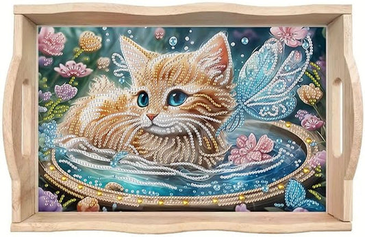 DIY Diamond Serving Tray Rectangular Breakfast Tray with Handle Handmade Diamond Art Painting Wooden Tray for Dinner Plate Coffee Room Living Home Organizer-Cat02