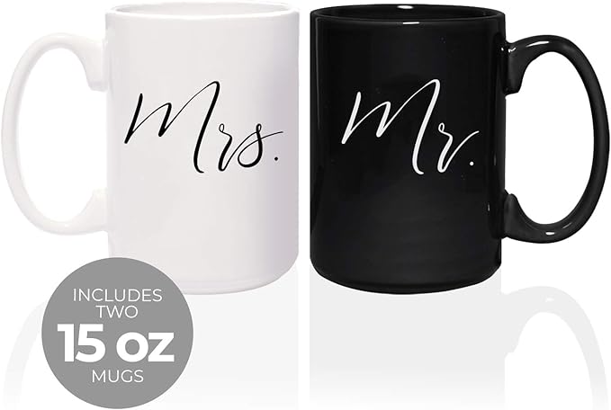 Canopy Street Mr And Mrs Matching Mugs / 2 Jumbo 15 Ounce White And Black Ceramic Mugs/Elegant Coffee Cup Gift Set/One Black Mug And One White Mug