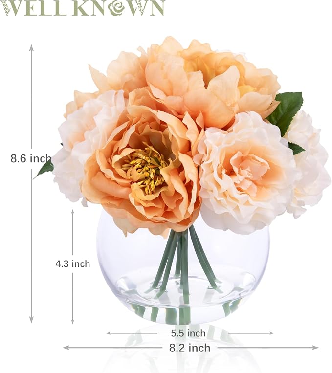 Artificial Flowers in Vase, Silk Peonies Flower Bouquet with Faux Water, Apricot & Champagne Fake Flower Arrangement for Spring Home Decor Wedding Party Dining Table Centerpiece & Mom's Birthday Gift
