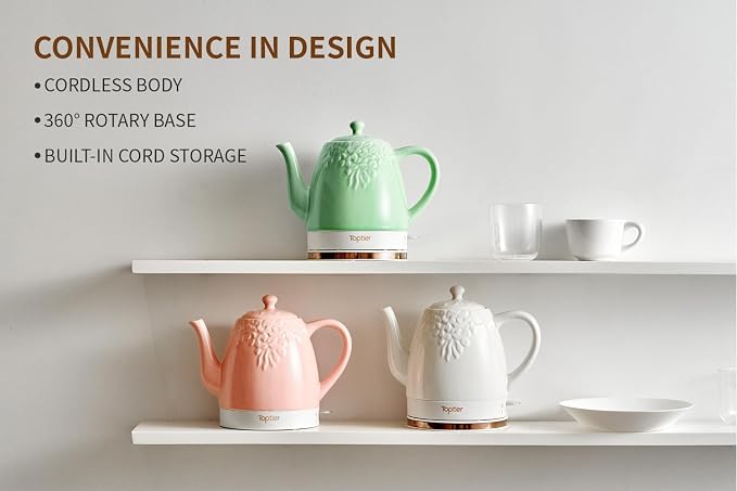 Toptier Electric Ceramic Tea Kettle, Boil Water Quickly and Easily, Detachable Swivel Base & Boil Dry Protection, Carefree Auto Shut Off, 1.5 L, White