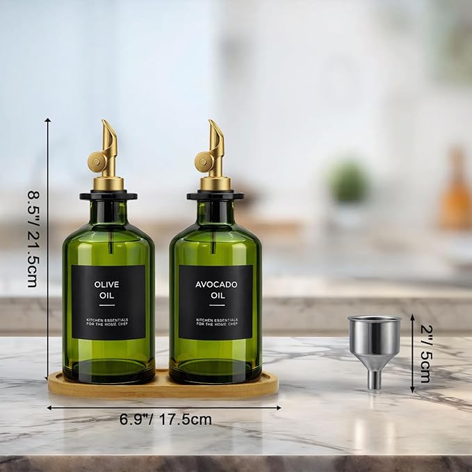 Olive Oil Dispenser Set, 2 x 11.8oz Deep Green Glass Bottles with Auto-Flip Spouts & 2 Capped Spare Spouts, Bamboo Tray, Oil & Vinegar Cruet (Green)