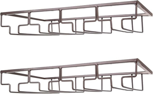FOMANSH Wine Glass Rack - Under Cabinet Stemware Wine Glass Holder Glasses Storage Hanger 2 Pack Metal Organizer for Bar Kitchen 4 Rows Brown