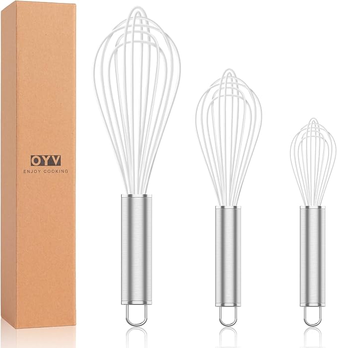 OYV White Silicone Whisk, Professional Whisks For Cooking Non-Scratch, Stainless Steel & Silicone Wisk, Plastic Rubber Whisk Tool For Nonstick Cookware Pans, BPA free, Silicon Wisks Set of 3