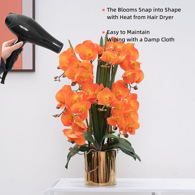 CXGS Artificial Orchid Flower Plants Real Touch Faux Orchids in Ceramic Vase 20.9'' Orange Phalaenopsis Orchid Fake Flower Arrangement Home Indoor Decor