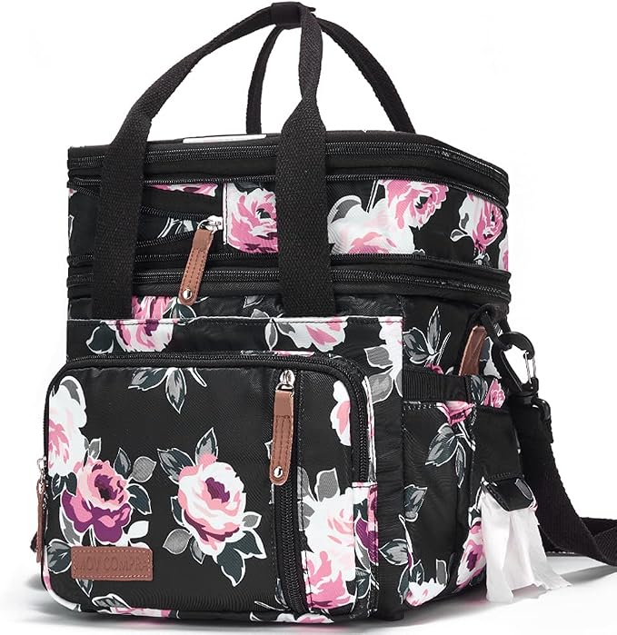 MOV COMPRA Lunch Bag Women Flower Insulated Lunch Box for Work, Expandable Large Lunch Bag, Leakproof Double Deck Lunch Box Cooler Bag with Removable Shoulder Strap（Flower）