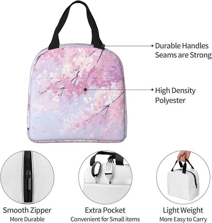 Insulated Lunch Bag Floral Cherry Blossom Flower, Leakproof Lunch Tote for Work School, Reusable Lunch Box Cooler for Adults Students, Compact Lunch Bag for Office College Picnic