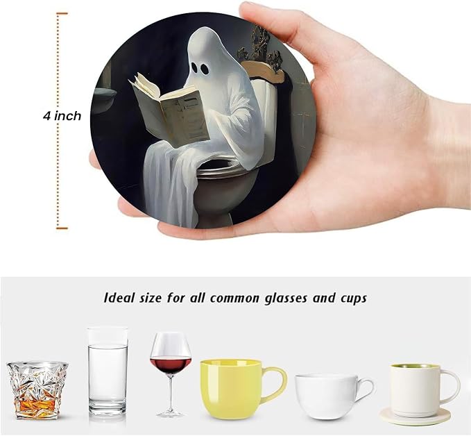 Halloween Ghost Coasters for Drinks Set of 6,Round Absorbent Ceramic Stone Coaster with Metal Holder Stand,Vintage Cute Ghost Art Coasters with Cork Base for Coffee Table,Parties,Gifts