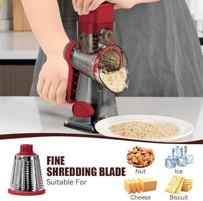 KEOUKE Rotary Cheese Grater Pro 6 in 1 - Shredder Crinkle Slicer Grinder Ice Shaver, Stable Suction, Time-saving Easy Use & Clean, Safe Morden Kitchen Tool for Cheese, Vegetable, Nuts, Chocolate