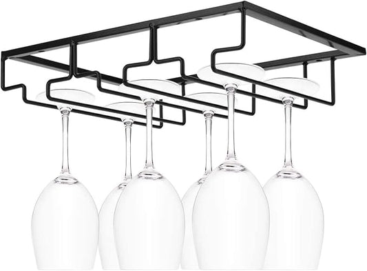 Wine Glass Rack, Under Cabinet Stemware Wine Glass Holder, Wine Glasses Storage Hanger Metal Organizer for Cabinet Kitchen Bar (Black, 3 Rows 1 Pack)