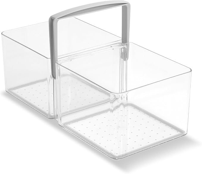 madesmart Fridge Portable Tote, Condiment Caddy with 2 Compartments, Pop-Up Handle & Non-Slip Base, Refrigerator Organizer for Sauces, Jars & Small Items, Clear