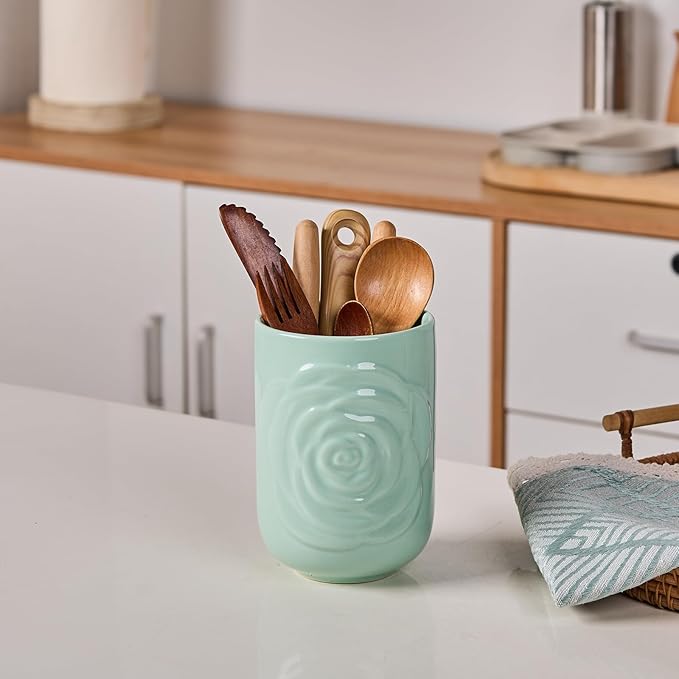 Large Utensil Holder Set of 2, 7.5"+ 5.5" - Ceramic Rose Kitchen Countertop Utensil Crock for Spatulas, Spoons & Cooking Tools, Farmhouse Kitchen Counter Decor, Green