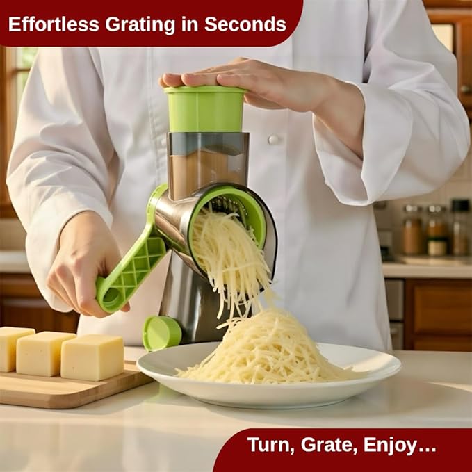 INCITATUS - Cheese Grater Hand Crank - Rotary Cheese Shredder - 3 Interchangeable Stainless Steel Blades & Strong Suction Base - Parmesan Vegetable Grater - Manual Kitchen Vegetable Slicer