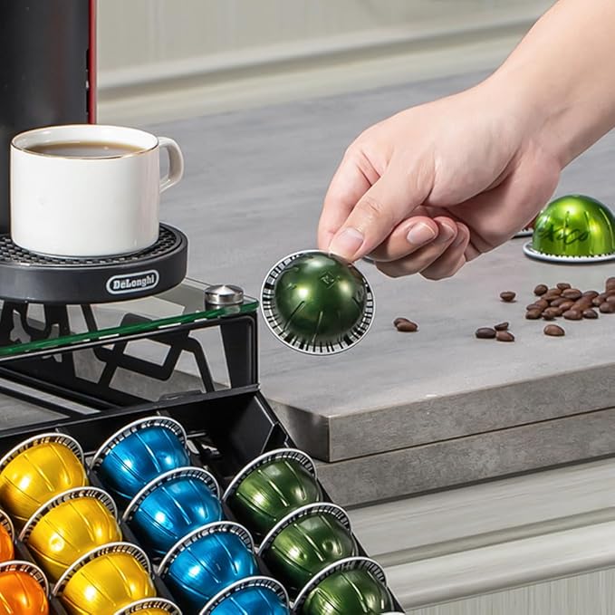 FlagShip Vertuo Pod Drawer Glass Top Coffee Capsule Organizer & Space-Saving for Nespresso Pod Holder Coffee Machine Stand(30 Vertuo Pods Capacity)