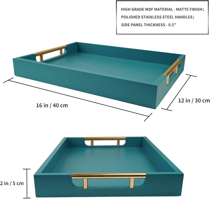 Wooden Decorative Coffee Table Tray, 16" Serving Tray with Handles, Matte Finish Decorative Tray, Ottoman Tray for Living Room, Perfume, Vanity Dresser Organizer (Teal Green)