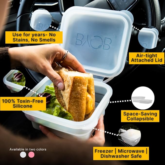BYOB Collapsible Silicone Food Containers with Attached Lids – Reusable To-Go & Leftover Containers, Platinum Silicone, Leak-Resistant – 2 Pack (White Containers)