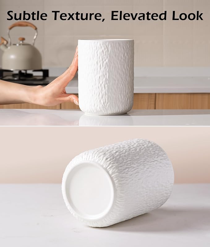 Kitchen Utensil Holder for Countertop, Ceramic Utensil Crock with Ripple Texture, Heavyweight White Kitchen Organizer for Spatulas, Spoons & Cooking Tools, Modern Minimalist Counter Decor