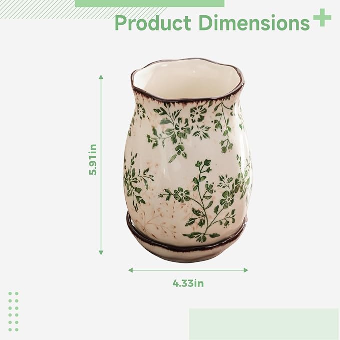 Farmhouse Utensil Holder, Floral Ceramic Chopstick Organizer, White & Green Flower Pattern, Vintage Kitchen Countertop Decor, 5.9 In