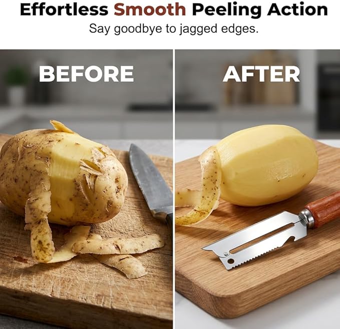 2-in-1 Vegetable Peeler with Wooden Handle – Stainless Steel Wide Blade for Potato, Carrot,Fruit, Multi-Purpose Kitchen Gadget with Built-in Bottle Opener, fit Home, Camping & Travel (3PCS)