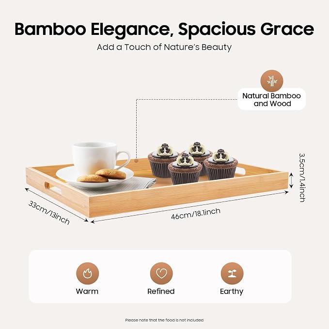 Large Bamboo Serving Tray with Handles, 4 Pack18 * 13 in Wooden Dinner Tray, Rectangular Wooden Breakfast Tray, Dinner Tray Decorative Coffee Tea Platter for Living Room Bedroom Kitchen