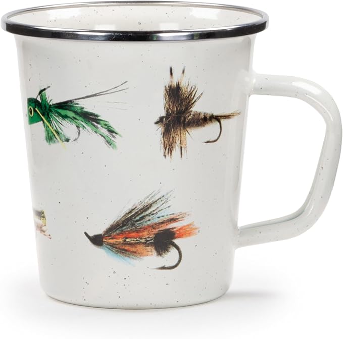 Golden Rabbit Enamelware Latte Coffee or Tea Mugs, 16 ounce, Fishing Fly, Set of 4