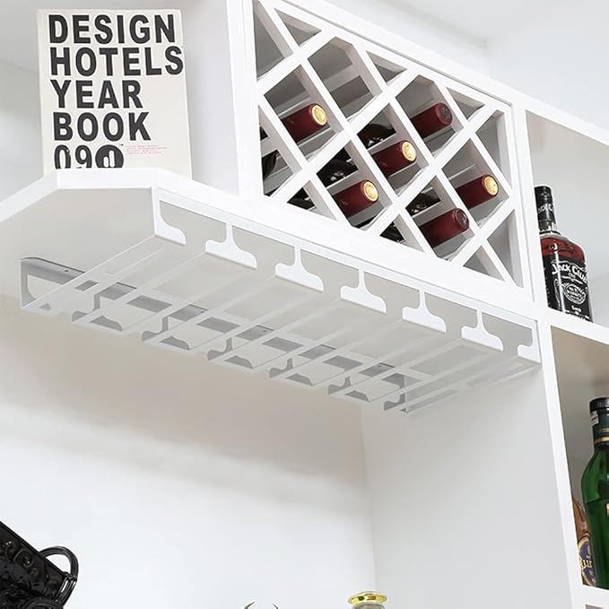 Under Cabinet Stemware, Hanging Wine Glass Holder with Screws, Glasses Storage Hanger Iron Organizer for Home Kitchen Bar