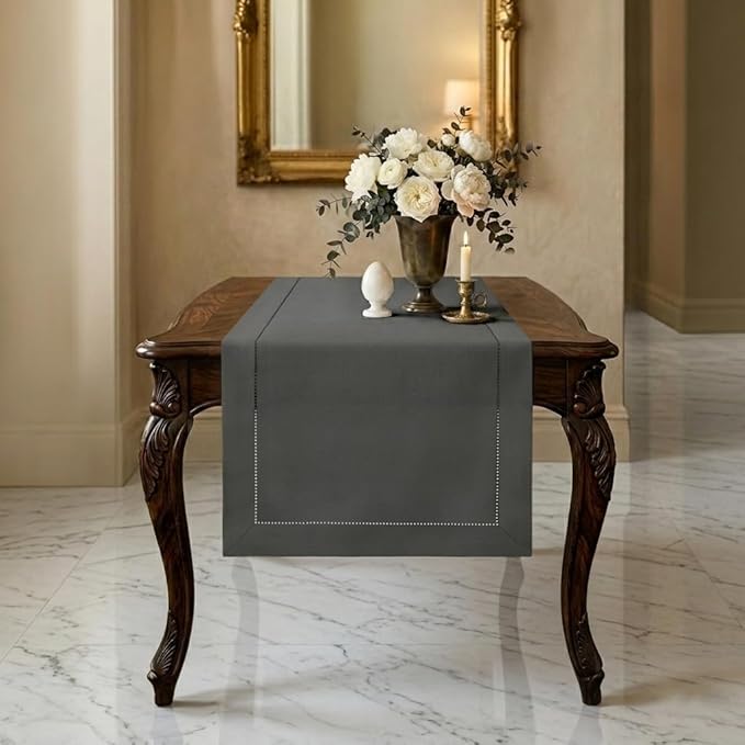 Signature Linen™ by D'Moksha Charcoal Grey Table Runner 36 Inches, 100% Pure Linen, Hemstitch, Coffee Table Runner, 14 x 36 Inch for Dresser Tables- Summer, Father's Day