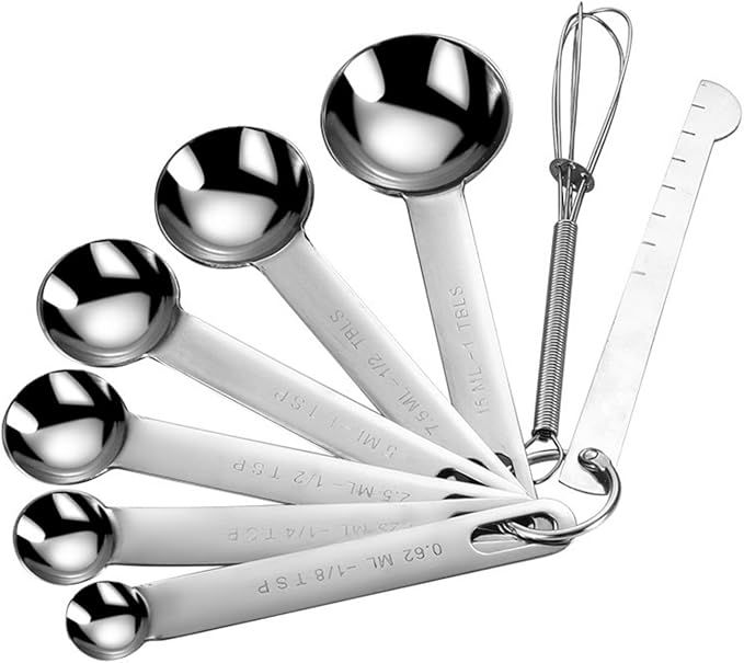 Stainless Steel Measuring Spoons Set - 8 Piece Metal Measuring Spoons with Leveler & Whisk for Cooking & Baking, Kitchen Measuring Spoons Fits Spice Jars, Professional Heavy Duty Gadgets