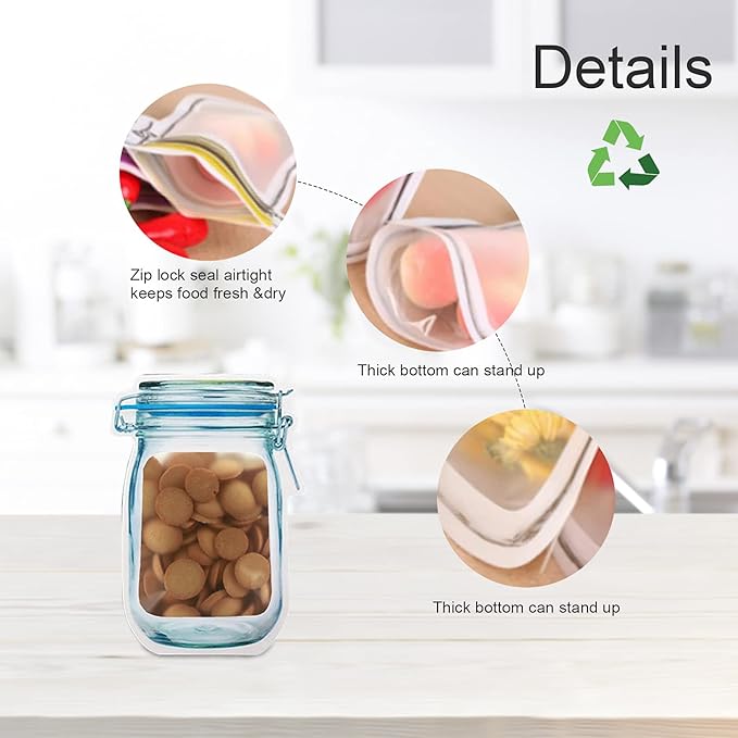 18 Pack Reusable Snack Bags, Mason Jar Zipper Food Saver Snack Sandwich Bags Leakproof Storage Bags for Travel Camping(3S 4M 8L 3T)