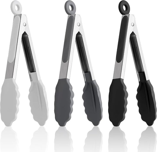 7-Inch Silicone Tongs Pack of 3, Small Tongs with Silicone Tips for Cooking, Barbecue, Buffet Serving (7", Black/Grey/White)