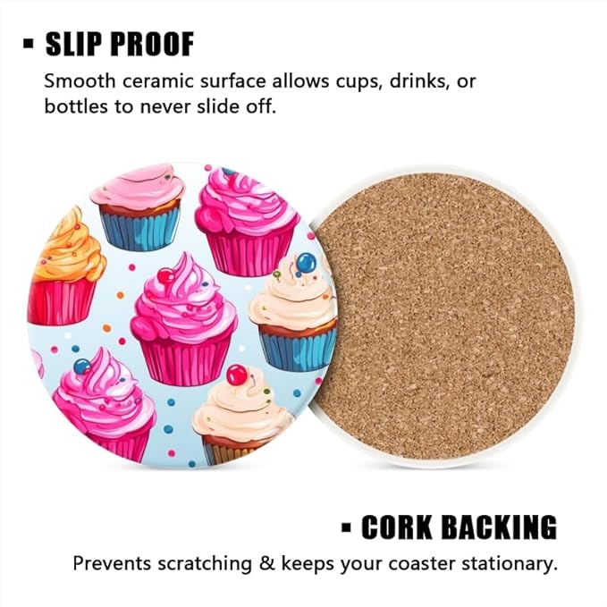 Ceramic Stone Coasters for Drinks Set of 1, Cupcakes Cute Round Absorbent Cup Coasters Protection for Coffee Table Kitchen Counter Decor (4 * 4 Inch)