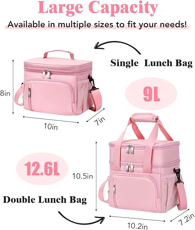 Insulated Lunch Bag for Men & Women, 9L Leakproof Lunch Box Soft Cooler Tote with 5 Pockets, 600D Oxford, EVA Lining, Adjustable Strap for Work, Picnic, Beach&Travel-Pink