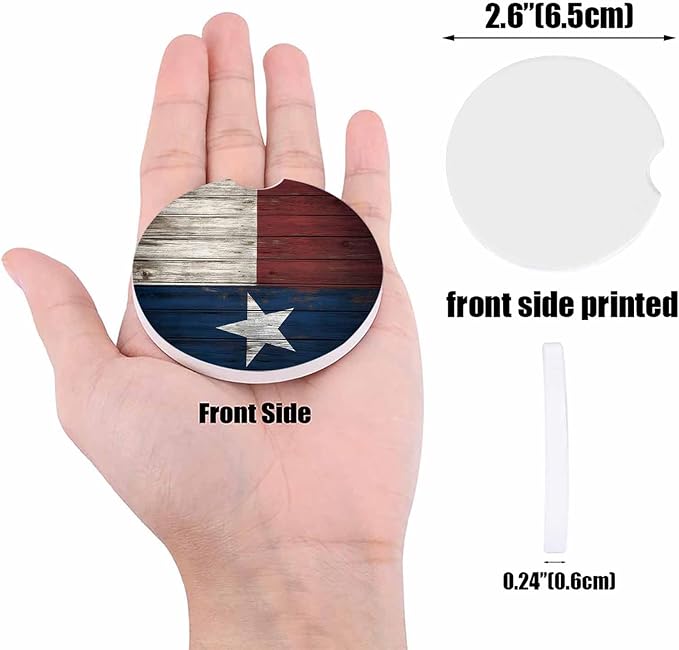 Small Car Coasters for Cup Holders 2.65" Absorbent 2 Pack Car Coaster Ceramic Stone for Drinks Absorb Water Drops Western Texas Star on Rustic Wooden Plank