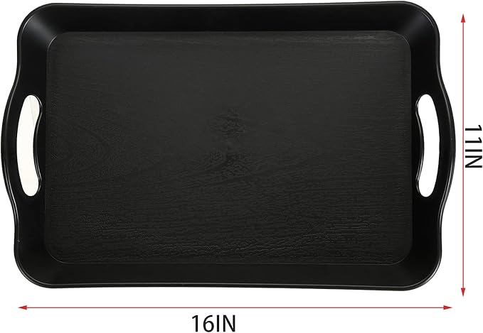 Cedilis 3 Pack Black Serving Trays with Handles,16 x 11IN Rectangular Non Skid Multi-Purpose Plastic OttomanTray for Restaurant, Parties, Coffee Table, Kitchen