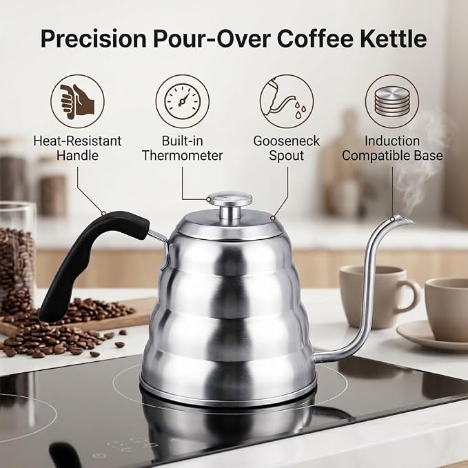 Premium 304 Stainless Steel Pour Over Coffee Gooseneck Kettle Teapot with Thermometer 1L 1.2L Capacity Beehive Design (1.2L)